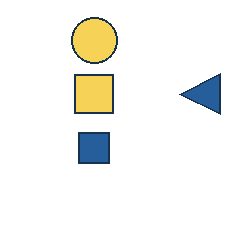 yellow circle at grid (2, 1), size 3, quarter-turn orientation 0, filled, no dot; yellow square at grid (2, 2), size 3, quarter-turn orientation 2, filled, no dot; blue triangle at grid (4, 2), size 3, quarter-turn orientation 3, filled, no dot; blue square at grid (2, 3), size 2, quarter-turn orientation 0, filled, no dot. Grid coordinates describe a four-by-four tile; editorial descriptions are not validated accommodations.