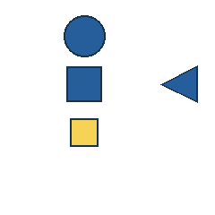 blue circle at grid (2, 1), size 3, quarter-turn orientation 0, filled, no dot; blue square at grid (2, 2), size 3, quarter-turn orientation 2, filled, no dot; blue triangle at grid (4, 2), size 3, quarter-turn orientation 3, filled, no dot; yellow square at grid (2, 3), size 2, quarter-turn orientation 0, filled, no dot. Grid coordinates describe a four-by-four tile; editorial descriptions are not validated accommodations.
