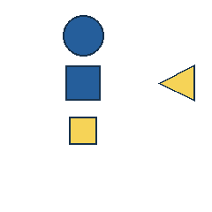 blue circle at grid (2, 1), size 3, quarter-turn orientation 0, filled, no dot; blue square at grid (2, 2), size 3, quarter-turn orientation 2, filled, no dot; yellow triangle at grid (4, 2), size 3, quarter-turn orientation 3, filled, no dot; yellow square at grid (2, 3), size 2, quarter-turn orientation 0, filled, no dot. Grid coordinates describe a four-by-four tile; editorial descriptions are not validated accommodations.