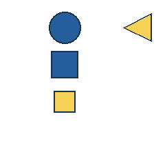 blue circle at grid (2, 1), size 3, quarter-turn orientation 0, filled, no dot; yellow triangle at grid (4, 1), size 3, quarter-turn orientation 3, filled, no dot; blue square at grid (2, 2), size 3, quarter-turn orientation 2, filled, no dot; yellow square at grid (2, 3), size 2, quarter-turn orientation 0, filled, no dot. Grid coordinates describe a four-by-four tile; editorial descriptions are not validated accommodations.