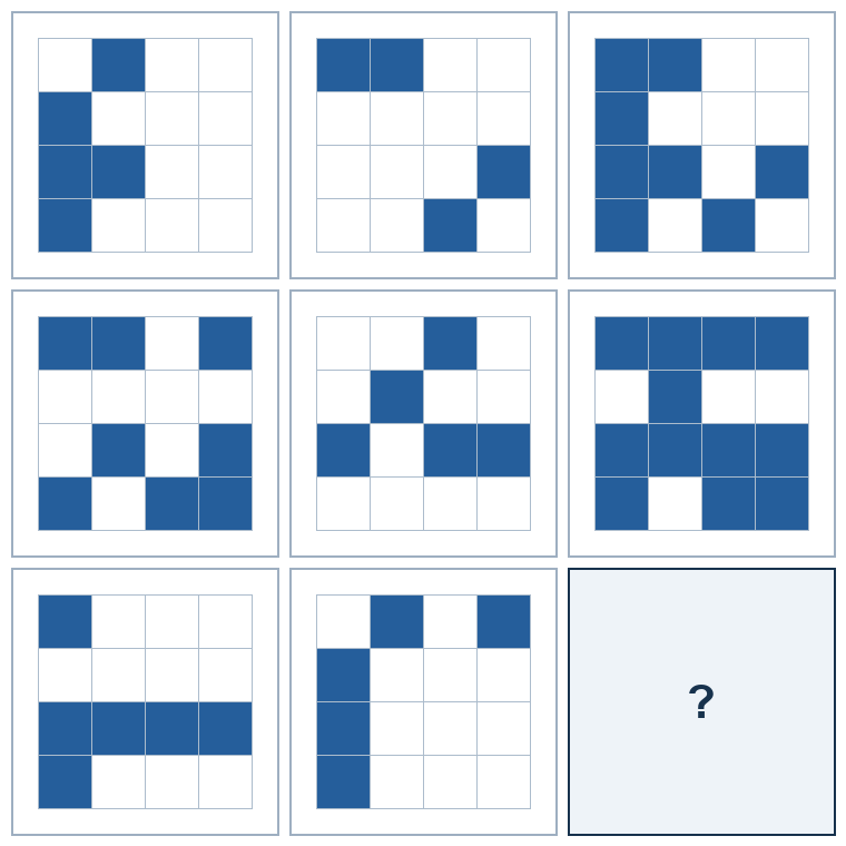 3 rows of three four-by-four spatial grids. The last result grid is missing.