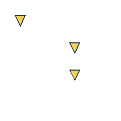 yellow triangle at grid (1, 1), size 1, quarter-turn orientation 2, filled, no dot; yellow triangle at grid (3, 2), size 1, quarter-turn orientation 2, filled, no dot; yellow triangle at grid (3, 3), size 1, quarter-turn orientation 2, filled, no dot. Grid coordinates describe a four-by-four tile; editorial descriptions are not validated accommodations.