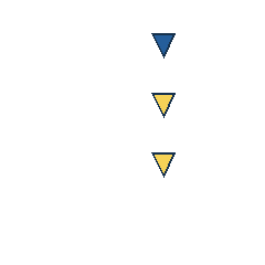 blue triangle at grid (3, 1), size 1, quarter-turn orientation 2, filled, no dot; yellow triangle at grid (3, 2), size 1, quarter-turn orientation 2, filled, no dot; yellow triangle at grid (3, 3), size 1, quarter-turn orientation 2, filled, no dot. Grid coordinates describe a four-by-four tile; editorial descriptions are not validated accommodations.