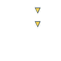 yellow triangle at grid (3, 1), size 1, quarter-turn orientation 2, filled, no dot; yellow triangle at grid (3, 2), size 1, quarter-turn orientation 2, filled, no dot. Grid coordinates describe a four-by-four tile; editorial descriptions are not validated accommodations.
