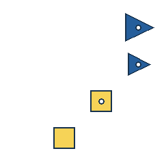 blue triangle at grid (4, 1), size 3, quarter-turn orientation 1, filled, center dot; blue triangle at grid (4, 2), size 2, quarter-turn orientation 1, filled, center dot; yellow square at grid (3, 3), size 2, quarter-turn orientation 0, filled, center dot; yellow square at grid (2, 4), size 2, quarter-turn orientation 0, filled, no dot. Grid coordinates describe a four-by-four tile; editorial descriptions are not validated accommodations.