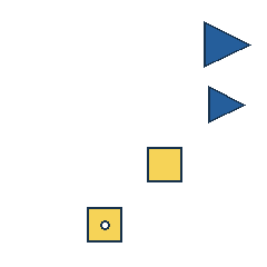 blue triangle at grid (4, 1), size 3, quarter-turn orientation 1, filled, no dot; blue triangle at grid (4, 2), size 2, quarter-turn orientation 1, filled, no dot; yellow square at grid (3, 3), size 2, quarter-turn orientation 0, filled, no dot; yellow square at grid (2, 4), size 2, quarter-turn orientation 0, filled, center dot. Grid coordinates describe a four-by-four tile; editorial descriptions are not validated accommodations.