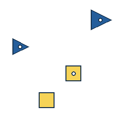 blue triangle at grid (4, 1), size 3, quarter-turn orientation 1, filled, center dot; blue triangle at grid (1, 2), size 2, quarter-turn orientation 1, filled, center dot; yellow square at grid (3, 3), size 2, quarter-turn orientation 0, filled, center dot; yellow square at grid (2, 4), size 2, quarter-turn orientation 0, filled, no dot. Grid coordinates describe a four-by-four tile; editorial descriptions are not validated accommodations.