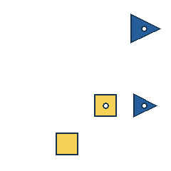 blue triangle at grid (4, 1), size 3, quarter-turn orientation 1, filled, center dot; yellow square at grid (3, 3), size 2, quarter-turn orientation 0, filled, center dot; blue triangle at grid (4, 3), size 2, quarter-turn orientation 1, filled, center dot; yellow square at grid (2, 4), size 2, quarter-turn orientation 0, filled, no dot. Grid coordinates describe a four-by-four tile; editorial descriptions are not validated accommodations.