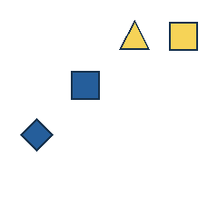 yellow triangle at grid (3, 1), size 2, quarter-turn orientation 0, filled, no dot; yellow square at grid (4, 1), size 2, quarter-turn orientation 0, filled, no dot; blue square at grid (2, 2), size 2, quarter-turn orientation 0, filled, no dot; blue diamond at grid (1, 3), size 2, quarter-turn orientation 2, filled, no dot. Grid coordinates describe a four-by-four tile; editorial descriptions are not validated accommodations.