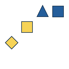 blue triangle at grid (3, 1), size 3, quarter-turn orientation 0, filled, no dot; blue square at grid (4, 1), size 3, quarter-turn orientation 0, filled, no dot; yellow square at grid (2, 2), size 3, quarter-turn orientation 0, filled, no dot; yellow diamond at grid (1, 3), size 3, quarter-turn orientation 2, filled, no dot. Grid coordinates describe a four-by-four tile; editorial descriptions are not validated accommodations.
