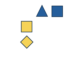 blue triangle at grid (3, 1), size 3, quarter-turn orientation 0, filled, no dot; blue square at grid (4, 1), size 3, quarter-turn orientation 0, filled, no dot; yellow square at grid (2, 2), size 3, quarter-turn orientation 0, filled, no dot; yellow diamond at grid (2, 3), size 3, quarter-turn orientation 2, filled, no dot. Grid coordinates describe a four-by-four tile; editorial descriptions are not validated accommodations.