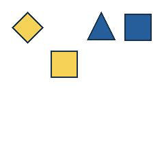 yellow diamond at grid (1, 1), size 3, quarter-turn orientation 2, filled, no dot; blue triangle at grid (3, 1), size 3, quarter-turn orientation 0, filled, no dot; blue square at grid (4, 1), size 3, quarter-turn orientation 0, filled, no dot; yellow square at grid (2, 2), size 3, quarter-turn orientation 0, filled, no dot. Grid coordinates describe a four-by-four tile; editorial descriptions are not validated accommodations.