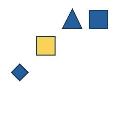 blue triangle at grid (3, 1), size 3, quarter-turn orientation 0, filled, no dot; blue square at grid (4, 1), size 3, quarter-turn orientation 0, filled, no dot; yellow square at grid (2, 2), size 3, quarter-turn orientation 0, filled, no dot; blue diamond at grid (1, 3), size 2, quarter-turn orientation 2, filled, no dot. Grid coordinates describe a four-by-four tile; editorial descriptions are not validated accommodations.