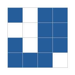 Four-by-four grid; occupied cells (row, column): (1, 1), (1, 3), (1, 4), (2, 3), (2, 4), (3, 1), (3, 3), (3, 4), (4, 1), (4, 2), (4, 3).