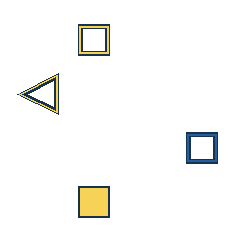yellow square at grid (2, 1), size 2, quarter-turn orientation 1, outline, no dot; yellow triangle at grid (1, 2), size 3, quarter-turn orientation 3, outline, no dot; blue square at grid (4, 3), size 2, quarter-turn orientation 1, outline, no dot; yellow square at grid (2, 4), size 2, quarter-turn orientation 1, filled, no dot. Grid coordinates describe a four-by-four tile; editorial descriptions are not validated accommodations.
