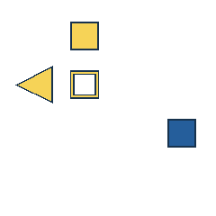 yellow square at grid (2, 1), size 2, quarter-turn orientation 1, filled, no dot; yellow triangle at grid (1, 2), size 3, quarter-turn orientation 3, filled, no dot; yellow square at grid (2, 2), size 2, quarter-turn orientation 1, outline, no dot; blue square at grid (4, 3), size 2, quarter-turn orientation 1, filled, no dot. Grid coordinates describe a four-by-four tile; editorial descriptions are not validated accommodations.