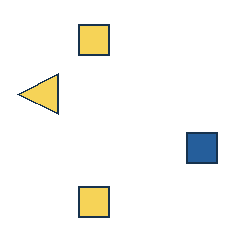yellow square at grid (2, 1), size 2, quarter-turn orientation 1, filled, no dot; yellow triangle at grid (1, 2), size 3, quarter-turn orientation 3, filled, no dot; blue square at grid (4, 3), size 2, quarter-turn orientation 1, filled, no dot; yellow square at grid (2, 4), size 2, quarter-turn orientation 1, filled, no dot. Grid coordinates describe a four-by-four tile; editorial descriptions are not validated accommodations.