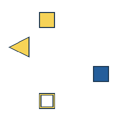 yellow square at grid (2, 1), size 2, quarter-turn orientation 1, filled, no dot; yellow triangle at grid (1, 2), size 3, quarter-turn orientation 3, filled, no dot; blue square at grid (4, 3), size 2, quarter-turn orientation 1, filled, no dot; yellow square at grid (2, 4), size 2, quarter-turn orientation 1, outline, no dot. Grid coordinates describe a four-by-four tile; editorial descriptions are not validated accommodations.