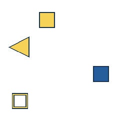 yellow square at grid (2, 1), size 2, quarter-turn orientation 1, filled, no dot; yellow triangle at grid (1, 2), size 3, quarter-turn orientation 3, filled, no dot; blue square at grid (4, 3), size 2, quarter-turn orientation 1, filled, no dot; yellow square at grid (1, 4), size 2, quarter-turn orientation 1, outline, no dot. Grid coordinates describe a four-by-four tile; editorial descriptions are not validated accommodations.
