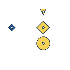 yellow triangle at grid (3, 1), size 1, quarter-turn orientation 2, filled, center dot; blue diamond at grid (1, 2), size 1, quarter-turn orientation 1, filled, center dot; yellow diamond at grid (3, 2), size 3, quarter-turn orientation 3, filled, center dot; yellow circle at grid (3, 3), size 3, quarter-turn orientation 2, filled, center dot. Grid coordinates describe a four-by-four tile; editorial descriptions are not validated accommodations.