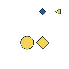 blue diamond at grid (3, 1), size 1, quarter-turn orientation 2, filled, no dot; yellow triangle at grid (4, 1), size 1, quarter-turn orientation 3, filled, no dot; yellow circle at grid (2, 3), size 3, quarter-turn orientation 3, filled, no dot; yellow diamond at grid (3, 3), size 3, quarter-turn orientation 0, filled, no dot. Grid coordinates describe a four-by-four tile; editorial descriptions are not validated accommodations.