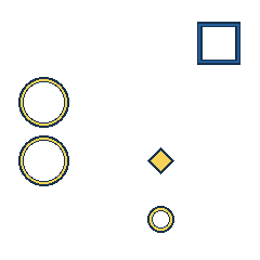 blue square at grid (4, 1), size 3, quarter-turn orientation 2, outline, no dot; yellow circle at grid (1, 2), size 3, quarter-turn orientation 2, outline, no dot; yellow circle at grid (1, 3), size 3, quarter-turn orientation 2, outline, no dot; yellow diamond at grid (3, 3), size 1, quarter-turn orientation 1, filled, no dot; yellow circle at grid (3, 4), size 1, quarter-turn orientation 2, outline, no dot. Grid coordinates describe a four-by-four tile; editorial descriptions are not validated accommodations.
