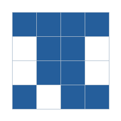 Four-by-four grid; occupied cells (row, column): (1, 1), (1, 2), (1, 3), (1, 4), (2, 2), (2, 3), (3, 2), (3, 3), (4, 1), (4, 3), (4, 4).