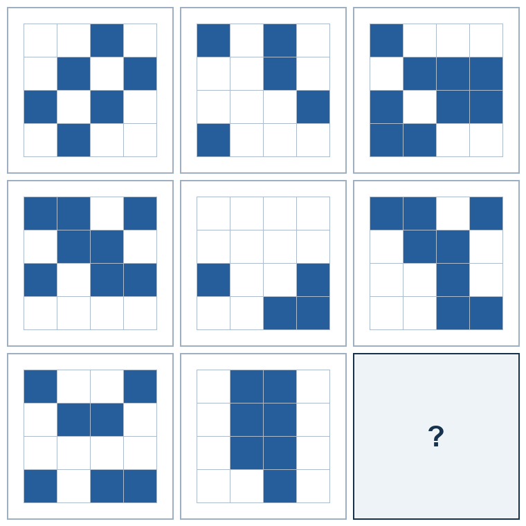 3 rows of three four-by-four spatial grids. The last result grid is missing.