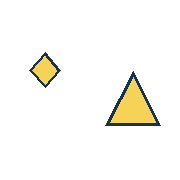 yellow diamond centered at (45, 70); yellow triangle centered at (133, 100). Coordinates refer to a 180 by 180 tile. Outer shape radii in object order: 18, 32 pixels.