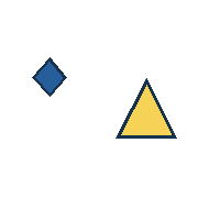 blue diamond centered at (45, 70); yellow triangle centered at (133, 100). Coordinates refer to a 180 by 180 tile. Outer shape radii in object order: 18, 32 pixels.