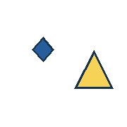blue diamond centered at (61, 70); yellow triangle centered at (133, 100). Coordinates refer to a 180 by 180 tile. Outer shape radii in object order: 18, 32 pixels.