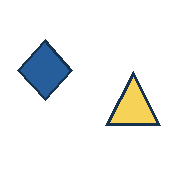 blue diamond centered at (45, 70); yellow triangle centered at (133, 100). Coordinates refer to a 180 by 180 tile. Outer shape radii in object order: 32, 32 pixels.