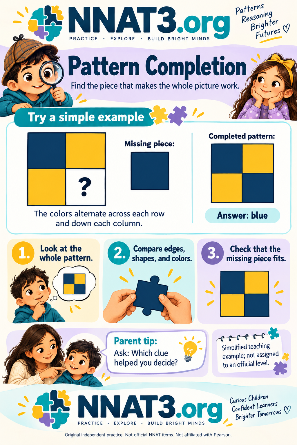 NNAT pattern completion infographic showing an alternating blue-and-yellow grid, the missing blue square, and three solving tips.
