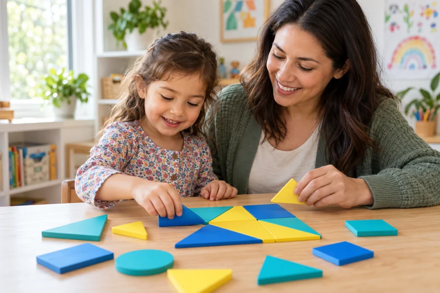 A kindergarten learner practicing visual puzzles with a parent.