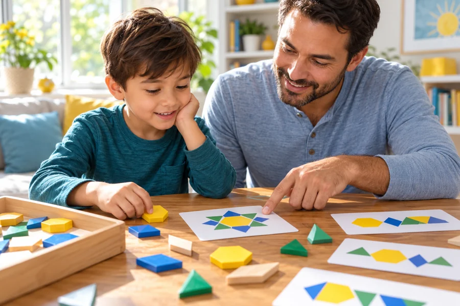 A grade 1 learner practicing visual puzzles with a parent.