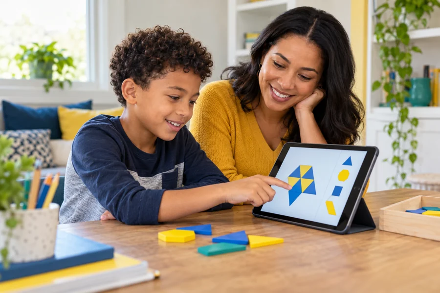 Grades 3–4 learner practicing visual reasoning with a parent.